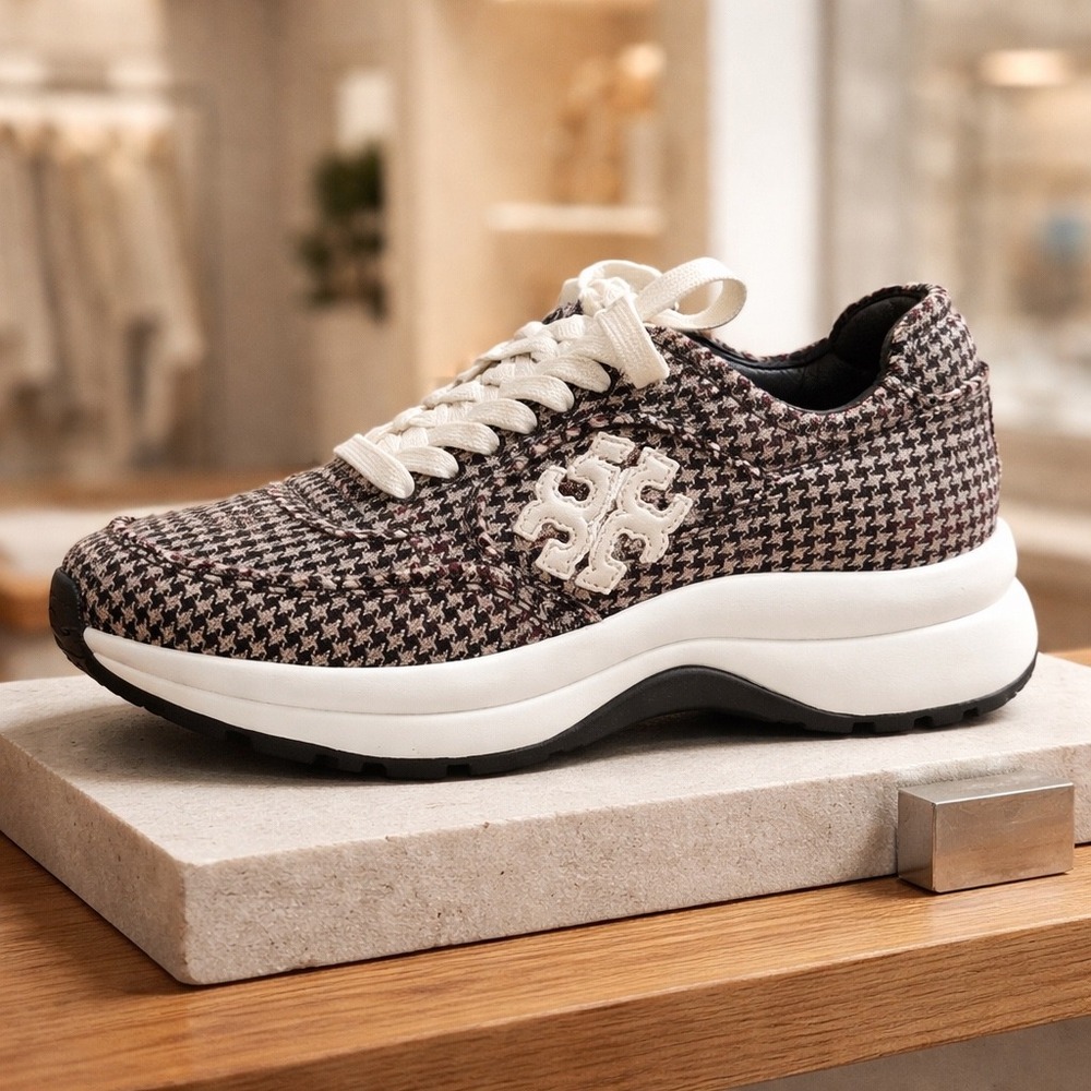 Tory Burch Kick Trainer Houndstooth Sneakers Brown Black Womens Size‎ 9.5 Preppy